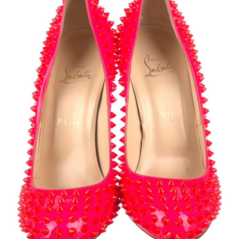 Christian Louboutin Vibrant Red Orange Spiked Heels - Picture 3 of 10